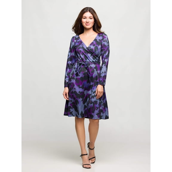 Womens Abstract V Neck Faux Wrap Dress