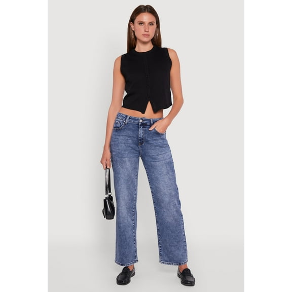 Womens Acid Wash Mid Rise Straight Leg Jeans