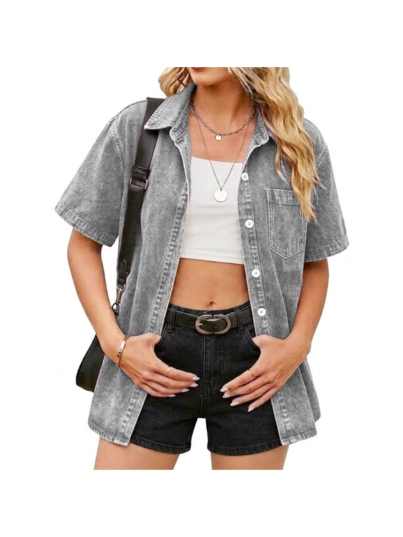 Womens Acid Wash Short Sleeve Shirts with Button Down Front Pocket,Loose Fit Summer Casual Daily Style Tops Gray XL