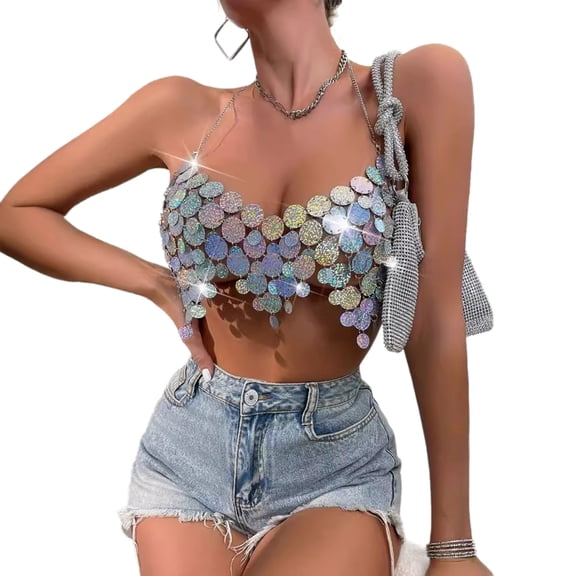 Womens Acrylic Sequins Halterneck Crop Top Festivals Party Backless Sparkly Body Chain Jewelry Camisole