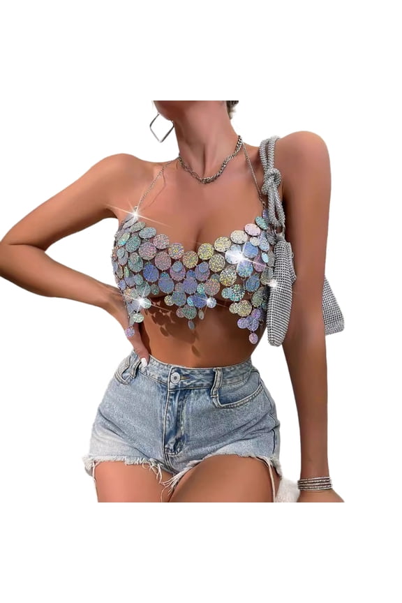 Womens Acrylic Sequins Halterneck Crop Top Festivals Party Backless Sparkly Body Chain Jewelry Camisole