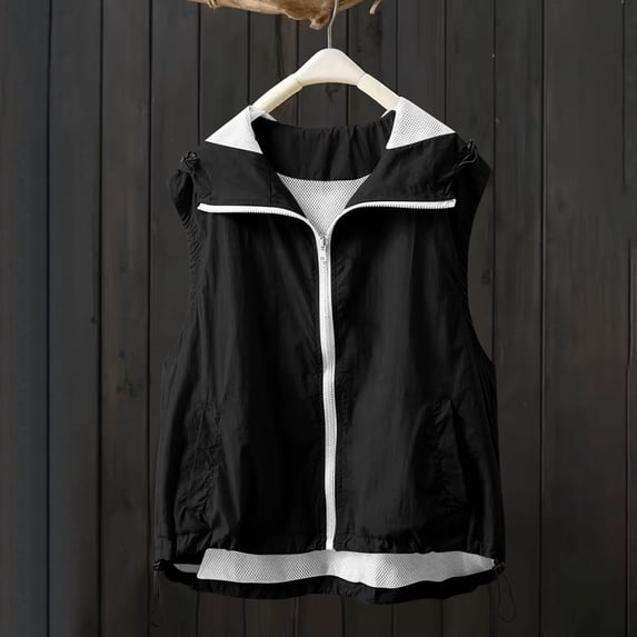 Womens Active Sleeveless Jackets Sun Protection Zip Up Hoodies Lightweight Outdoor Hiking Jacket with Pockets Black M