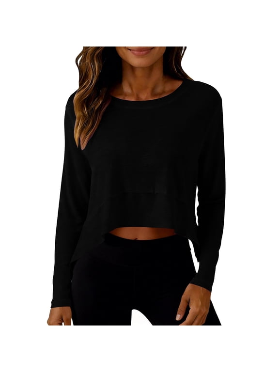 Womens Active Tops Long Sleeve Crop T-Shirts Loose Fit Boxy Yoga Workout Athletic Shirts Round Neck Solid Flowy High Low Asymmetrical Pullover Summer Clothes