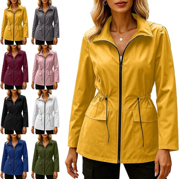 Womens Active Waterproof Jacket Hooded Drawstring Waist Outdoor Sports Rain Windbreaker Coat