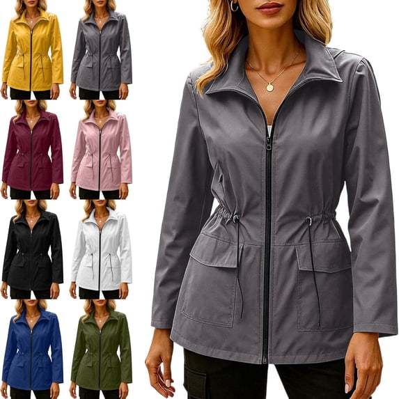 Womens Active Waterproof Jacket Hooded Drawstring Waist Outdoor Sports Rain Windbreaker Coat