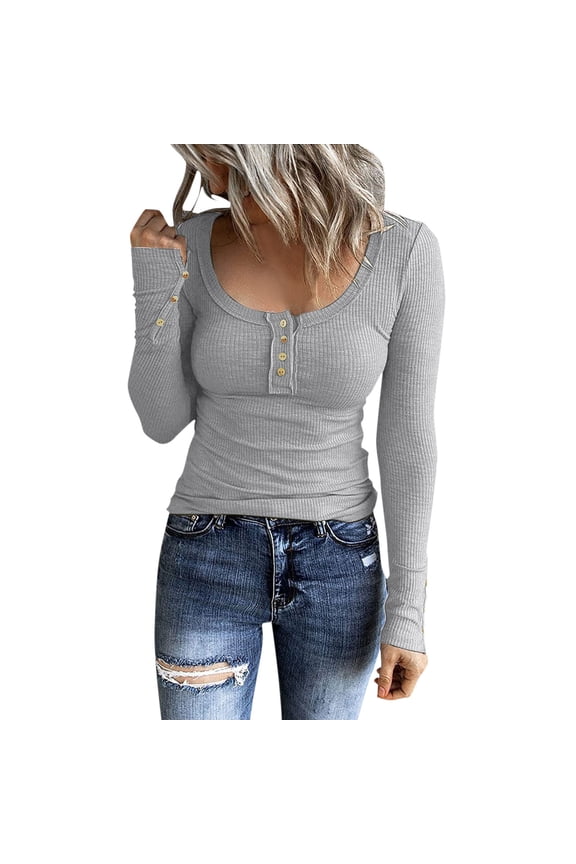 Womens Activewear Long Sleeve Henley T Shirts Button Down Slim Fit Tops Scoop Neck Ribbed Knit Shirts Ladies Tops and Blouses Gray M