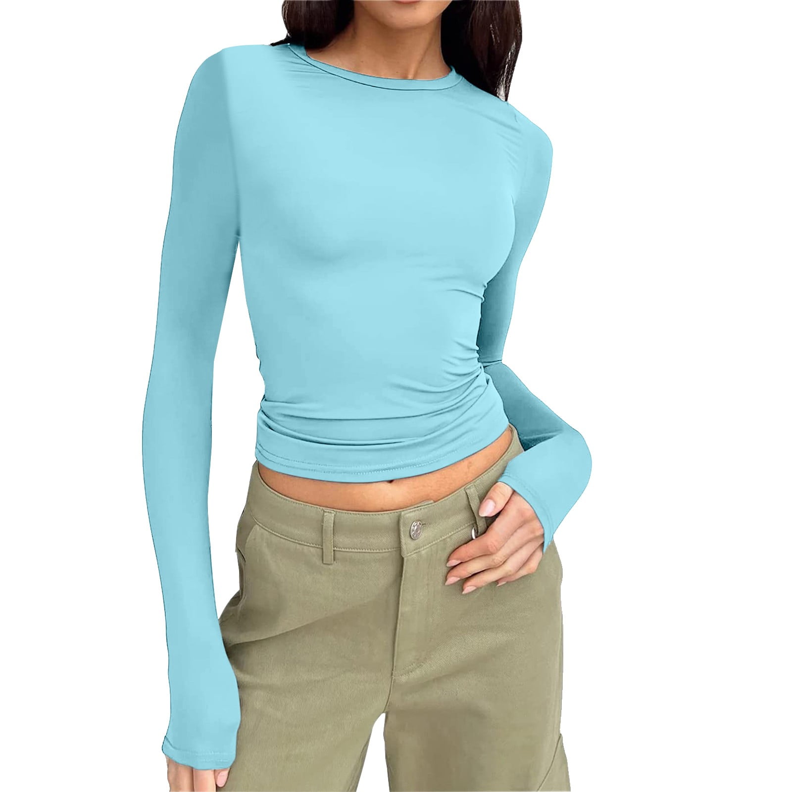 Womens Activewear Long Sleeve Round Neck Crop Top Tee Shirt Basic Solid Tight Slim Fit Cropped Shirt Workout Yoga Ladies Tops and Blouses Light Blue M Walmart
