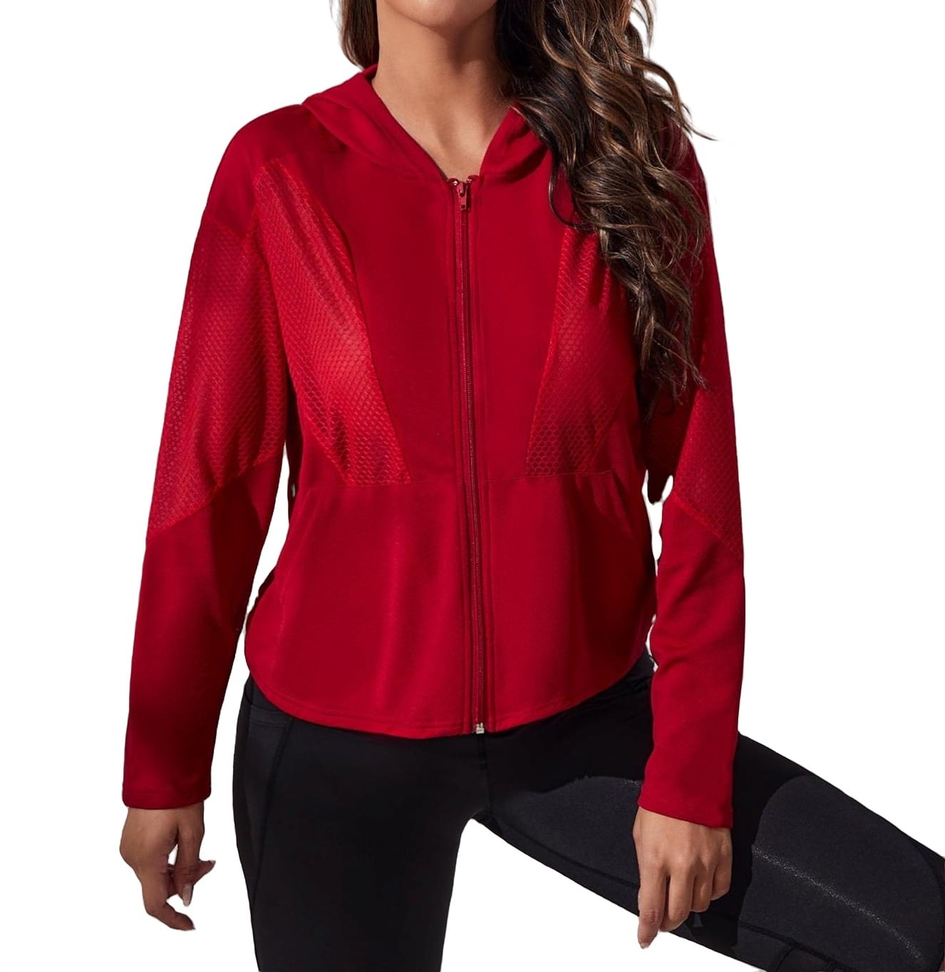 Womens Activewear Sports Jackets Solid Color Hooded Zipper Burgundy XS