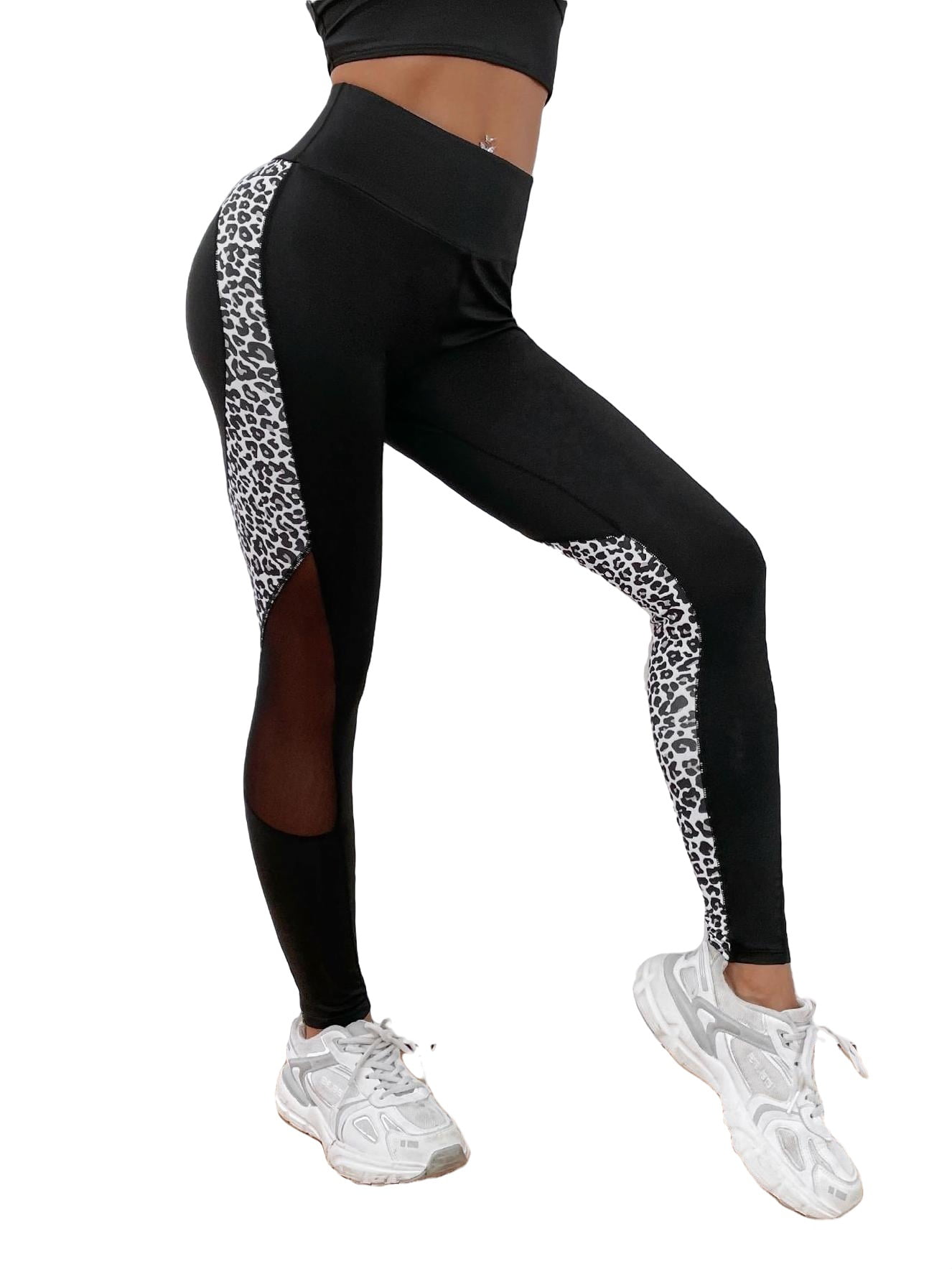 Womens Activewear Sports Leggings Leopard Print Leggings Black and