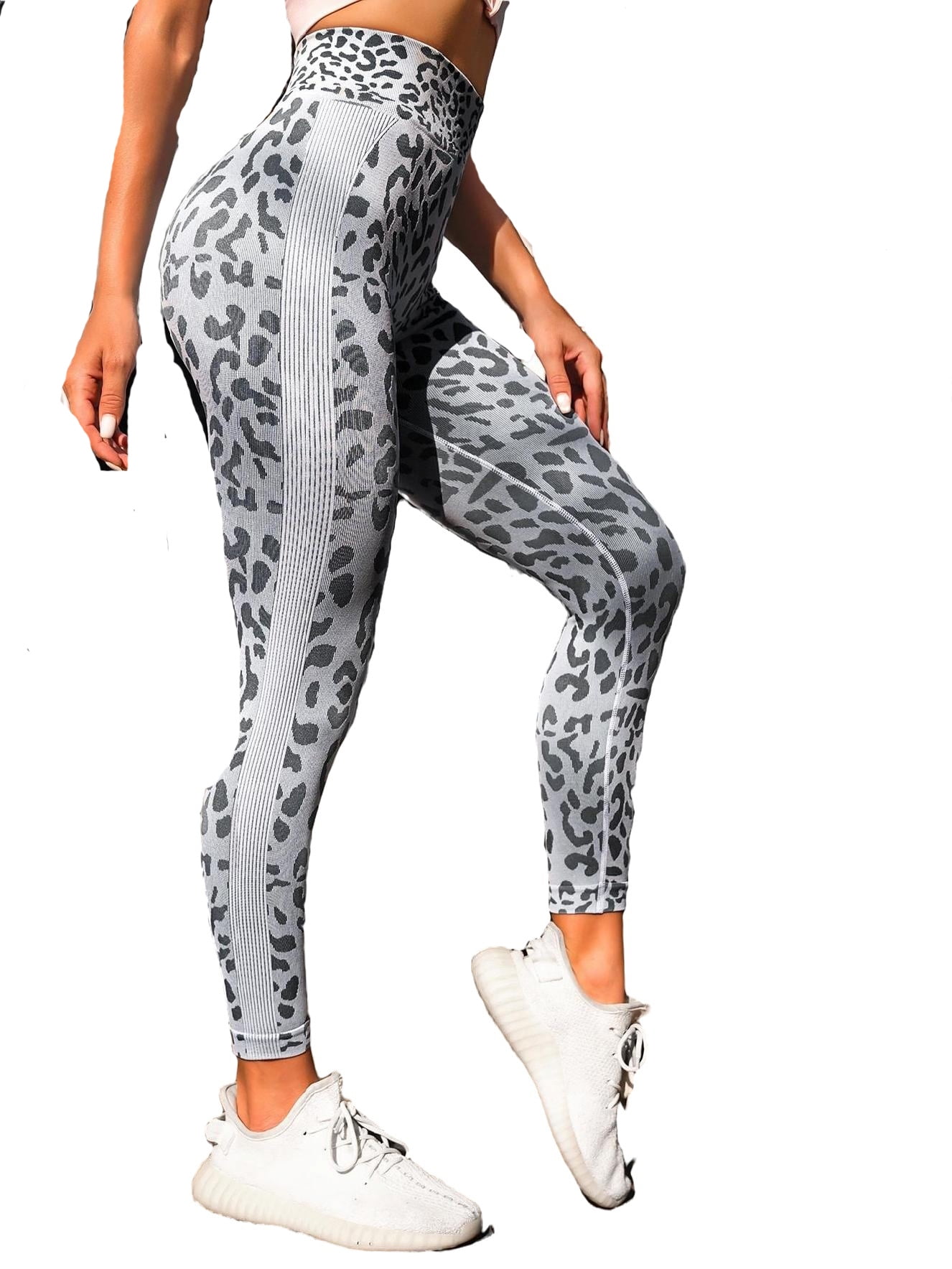 Womens Activewear Sports Leggings Leopard Print Leggings Light Grey L 