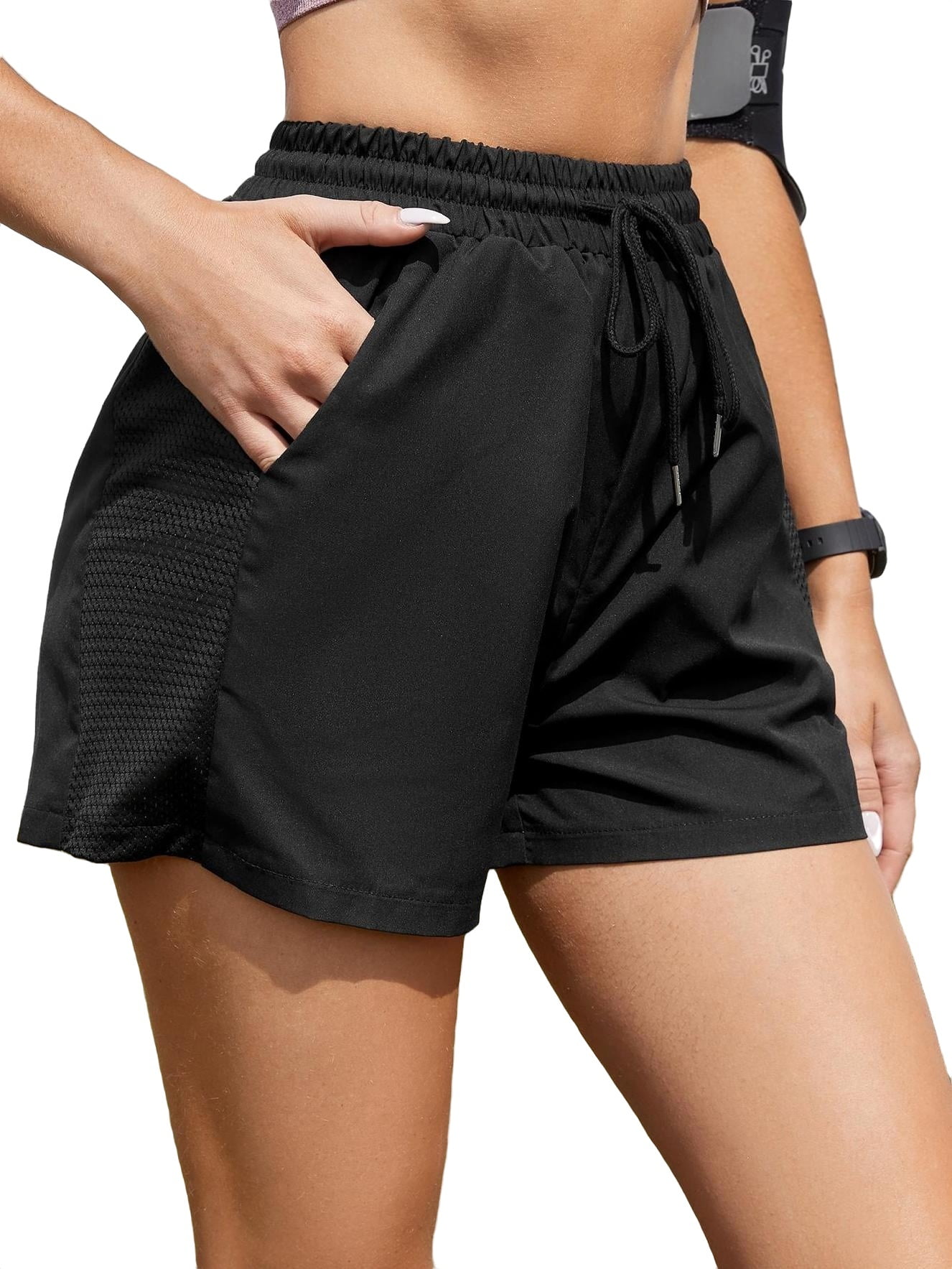 Womens Activewear Sports Shorts Softness Solid Shorts with Phone Pocket  Black XS