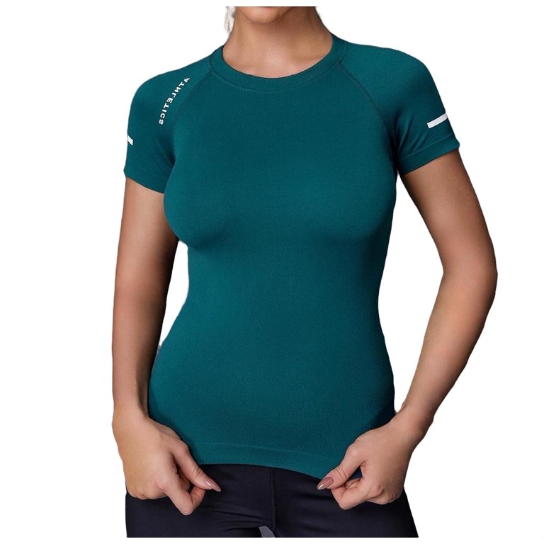 Womens Activewear Sports Tees & Tanks Letter Print Round Neck High Stretch  Teal Blue M 