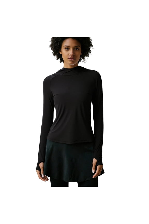 Womens Activewear Women's Solid Color Lightweight Hooded Long Sleeve Shirt for Running Outdoor Sports Casual Fitness Activities Breathable Summer Top Crew Neck Black L