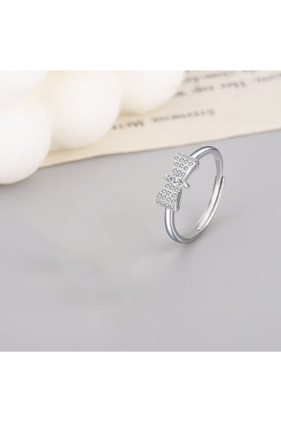 Womens Adjustable 925 Silver Bowknot Zircon Ring, Electroplated, Fashion Bow Design