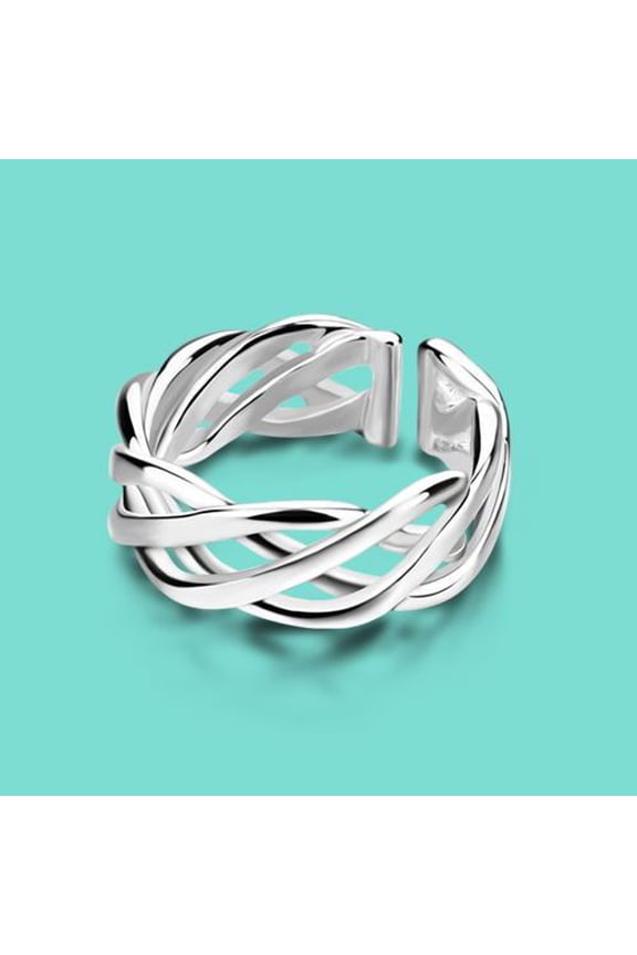 Womens Adjustable Braided Interweave Ring Silver Plated U Shaped Design Elegant Fashion Jewelry Gift For Women