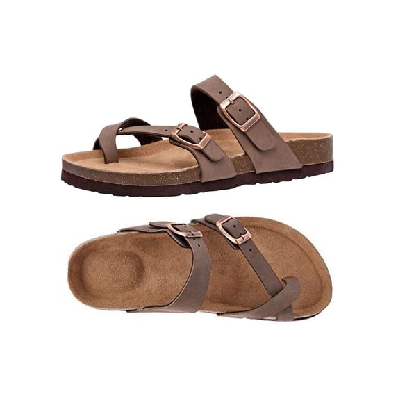 Womens Adjustable Buckle Strappy Slip-On Slippers Cork Footbed Slides For Sandals With Comfortable Arch Support Outdoor