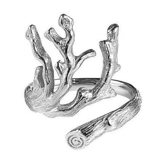 Womens Adjustable Copper Ring, Geometric Lava Texture Branch Design, Electroplated Silver Finish, 2.2cm Wide
