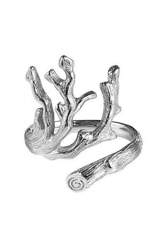 Womens Adjustable Copper Ring, Geometric Lava Texture Branch Design, Electroplated Silver Finish, 2.2cm Wide