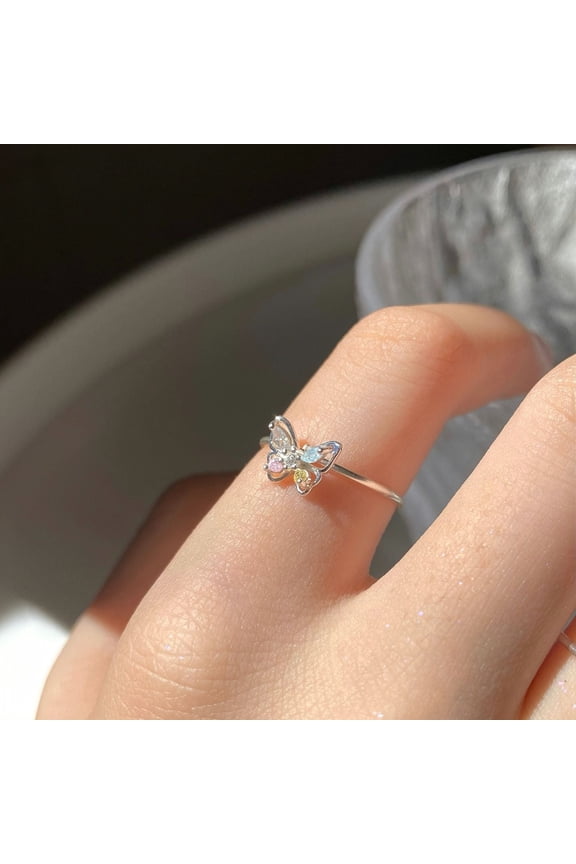 Womens Copper Ring Adjustable Open with 3D Butterfly Zirconia Electroplated Elegant Fashion Jewelry Fairy Ring for Everyday Wear