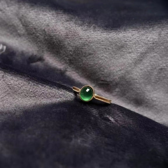 Womens Adjustable Copper Ring with 5MM Jade Inlay, Geometric Design, Gold Colored