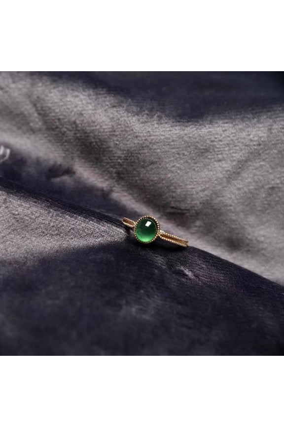 Womens Adjustable Copper Ring with 5MM Jade Inlay, Geometric Design, Gold Colored