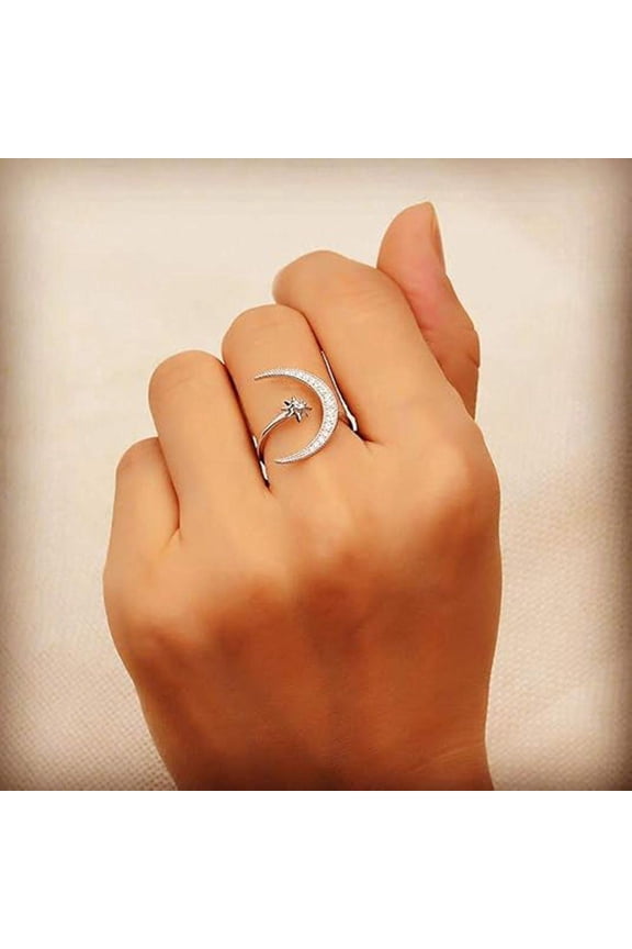 Womens Adjustable Crescent Moon Star Promise Ring Celestial Jewelry