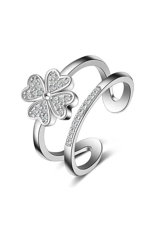 Womens Adjustable Four Clover Flower Ring Diamond Accent Gemstone Copper Plated Platinum Jewelry Gifts For Her