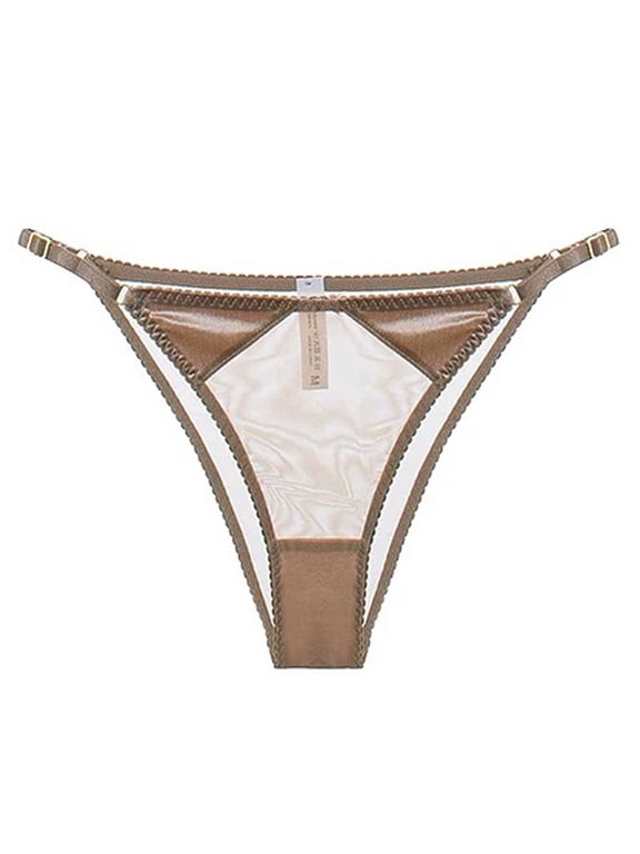 Womens Adjustable No Show Thong Panties, Comfortable Breathable Underwear with Sheer Panel & Lace Trim, Khaki, 1-Pack,Size S