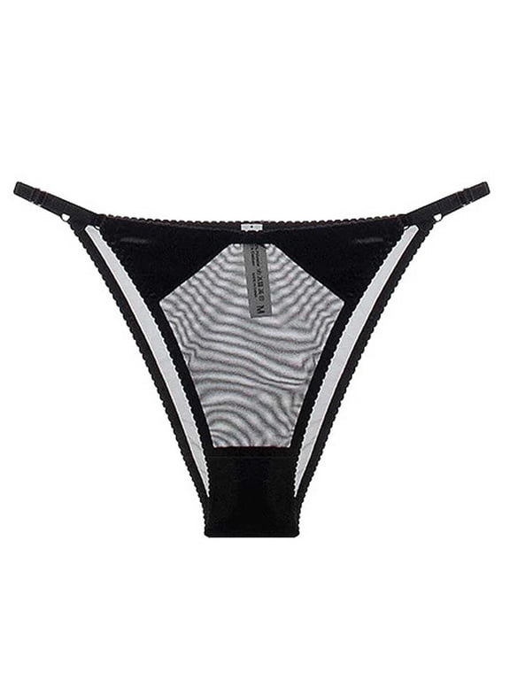 Womens Adjustable No Show Thong Panties with Lace Trim & Sheer Panel, Comfortable Breathable Underwear, Black, 1-Pack,Size XL