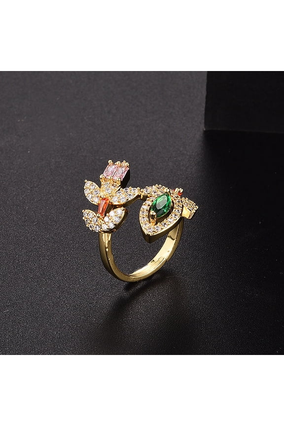 Womens Adjustable Open Ring Copper Leaf Design With Zircon Inlays Gold Plated Finish Everyday Styles For Women