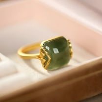 Womens Adjustable Retro Jade Ring Ethnic Gold Plated Inlay Artificial Gemstone Jewelry Statement Piece Jewelry