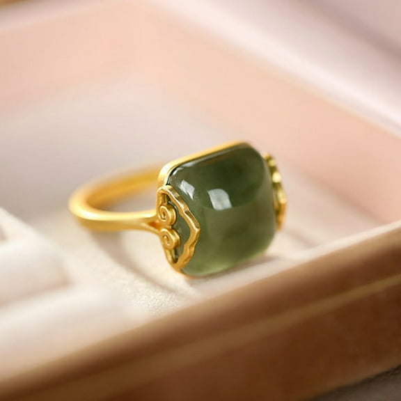 Womens Adjustable Retro Jade Ring Ethnic Gold Plated Inlay Artificial Gemstone Jewelry Statement Piece Jewelry