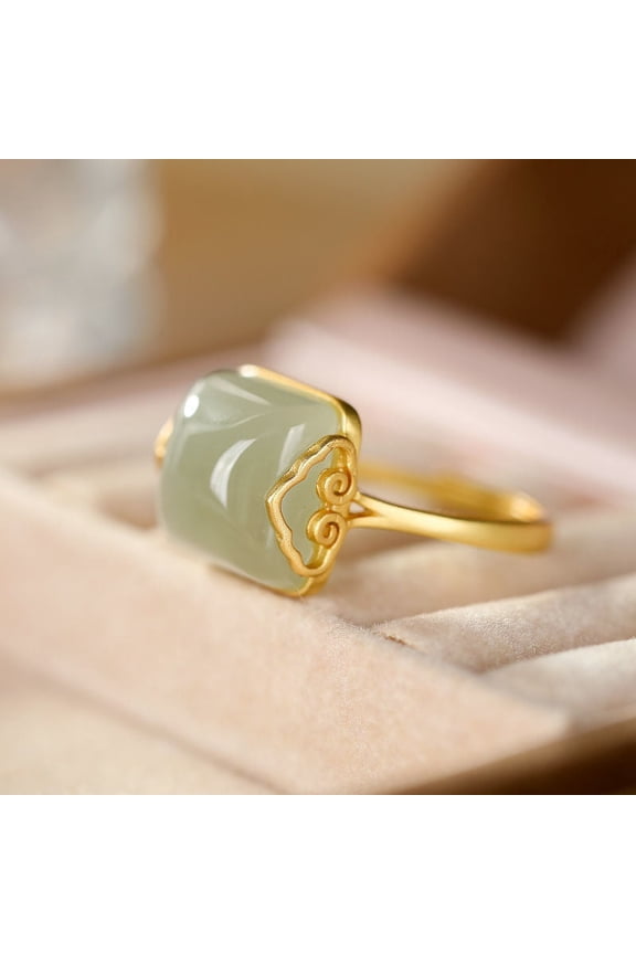 Womens Adjustable Retro Jade Ring Ethnic Gold Plated Inlay Artificial Gemstone Jewelry Statement Piece Jewelry