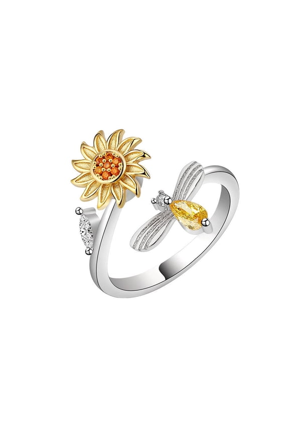 Womens Adjustable Rotating Sunflower Ring Zircon Inlaid Copper White Color Plated Durable Fashion Jewelry Gift