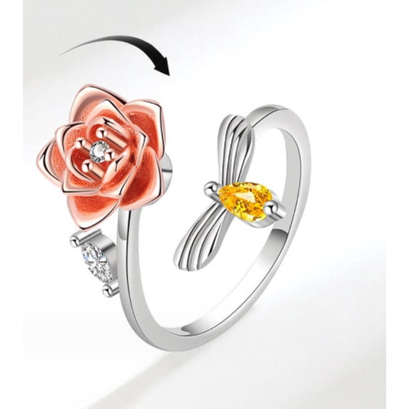 Womens Adjustable Rotating Sunflower Ring Zircon Inlaid Copper White Color Plated Durable Fashion Jewelry Gift