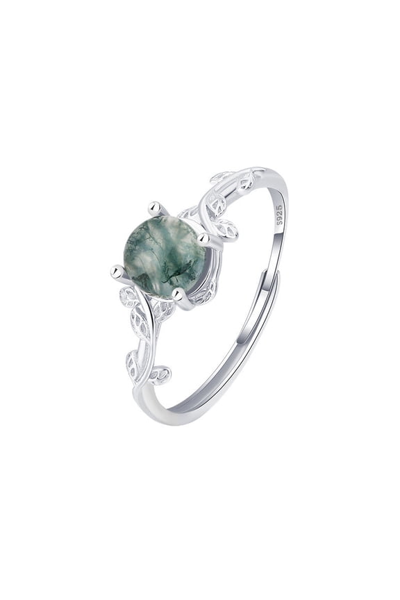 Womens Adjustable Ring S925 Silver Green Moss Agate Stone Geometric Diamond Cut Design Ring Gift for Her Adjustable Opening Fashion Jewelry