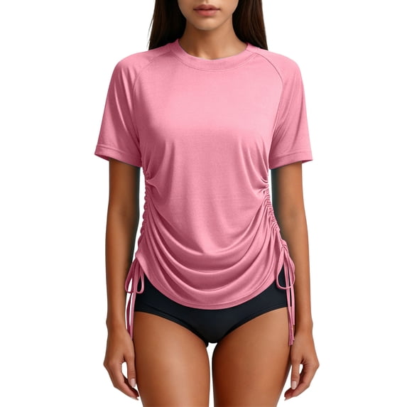 Womens Adjustable Side Drawstring Rash Guard UV Sun Protection Beach Surf Swimming Short Sleeve Tops Swimwear