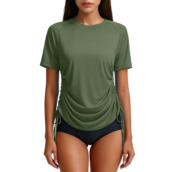 Womens Adjustable Side Drawstring Rash Guard UV Sun Protection Beach Surf Swimming Short Sleeve Tops Swimwear