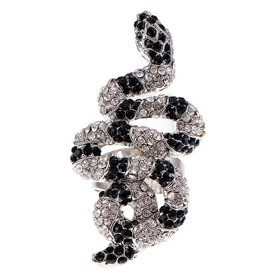 Womens Adjustable Silver Tone Clear Black Rhinestones Striped Snake Ring