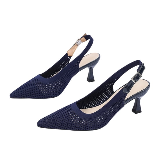 Womens Adjustable Slingback Kitten Heels, Pointed Toe Mid-Low Heel, Cute Knitted On Work Pumps Dress Shoes for Work Wedding Everyday Parties(Navy,8.5)