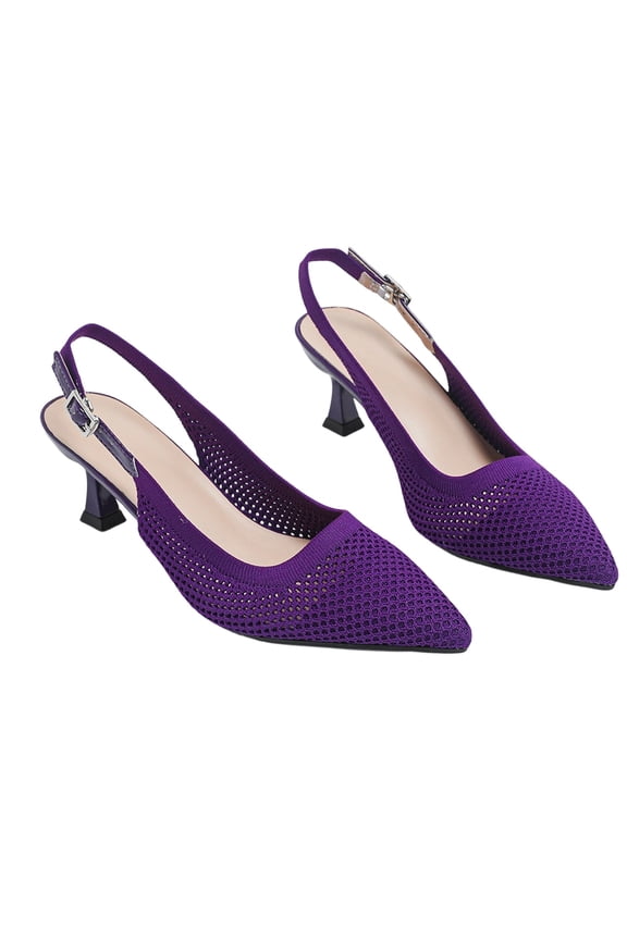 Womens Adjustable Slingback Kitten Heels, Pointed Toe Mid-Low Heel, Cute Knitted Slip On Work Pumps Dress Shoes for Work Wedding Everyday Parties(Purple,5.5)