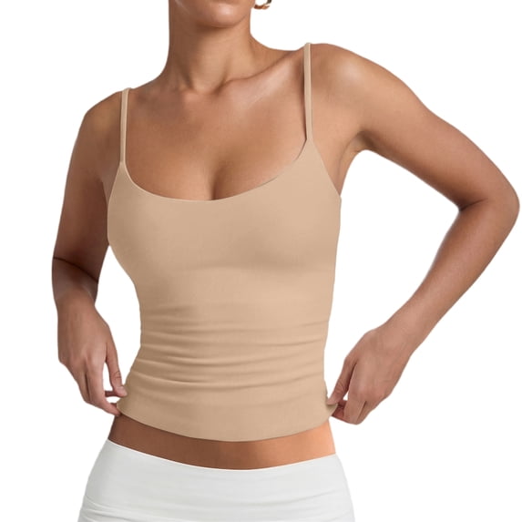 Womens Adjustable Spaghetti Strap Tank Tops Fitted Camisole Shirts Square Neck, Backless, Fitted, Sleeveless, Cami Top, Undershirt, Basic, Cute Summer, Y2k, Casual, Going Out, Work Beige XL