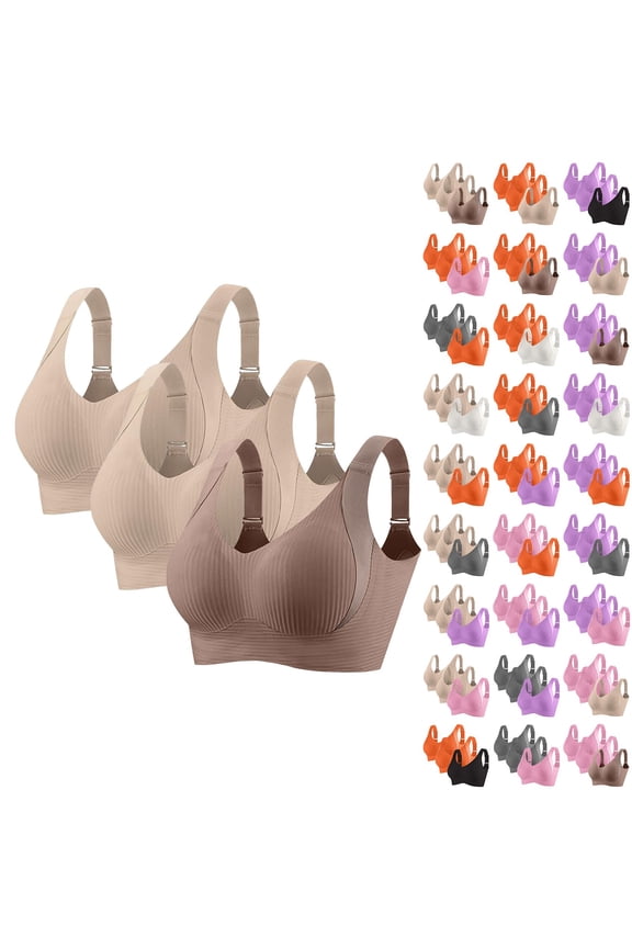 Womens Adjustable Wireless Bra 3 Pack Solid Color Seamless Comfort Support