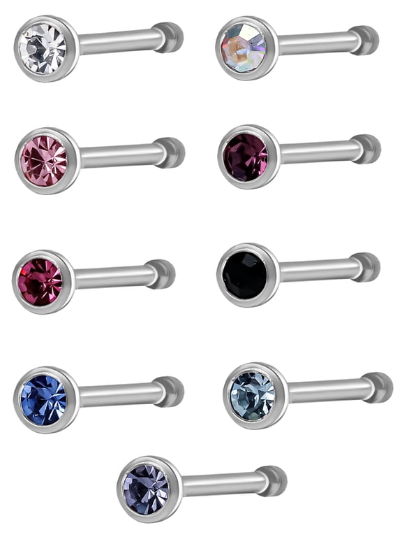 Womens Stainless Steel 22G Multicolor Stud Nose Ring, 9-Pack