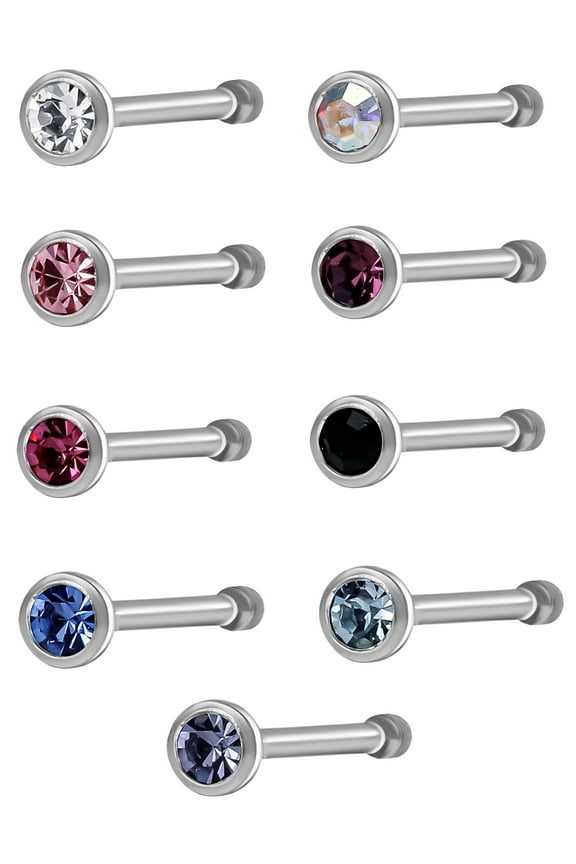 Womens Stainless Steel 22G Multicolor Stud Nose Ring, 9-Pack