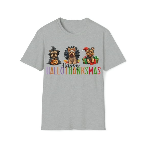 Womens Adult Happy HalloThanksMas T-Shirt Dog Hallothanksmas Yorkie Holiday