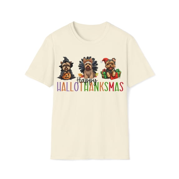 Womens Adult Happy HalloThanksMas T-Shirt Dog Hallothanksmas Yorkie Holiday