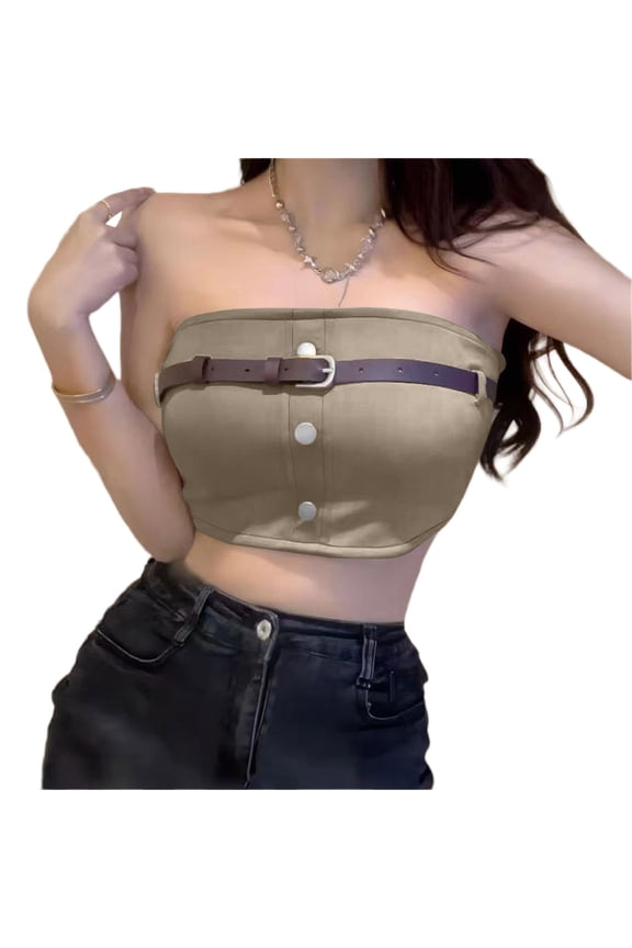 Womens Aesthetic Padded Button Front Crop Tube Top Sleeveless Strapless Buckled Belt Bodycon Wrap Chest Bandeau Vests