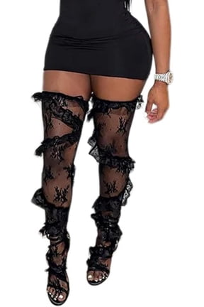Womens Aesthetic Sheer Flower Lace Thigh High Stockings Sweet Twill Ruffle Trim Patchwork Loose Over Knee Long Socks