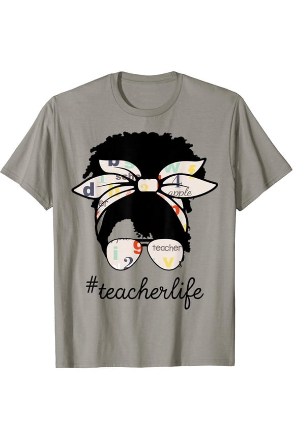 Womens Afro Teacher Cute Messy Bun Girl Teaching T-Shirt